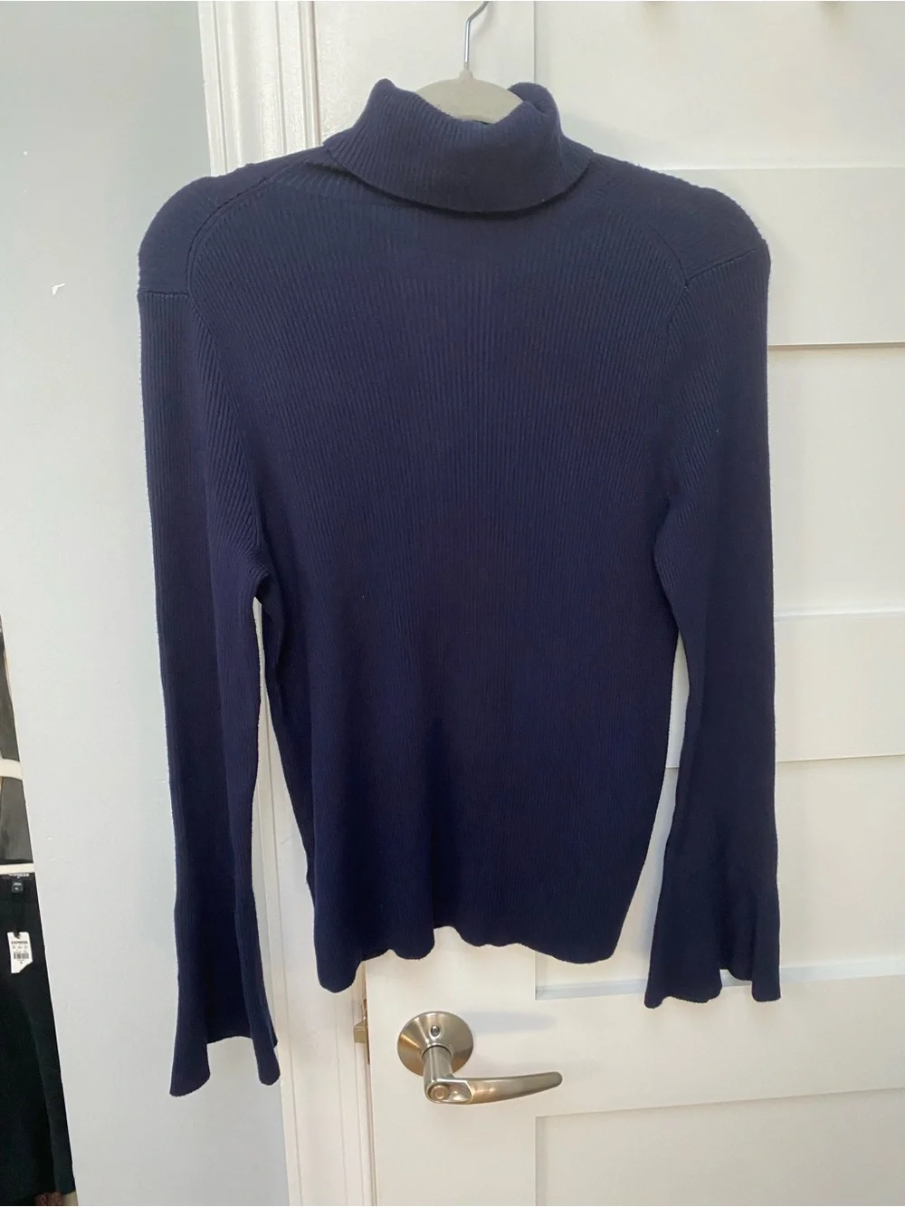 Moth Anthropologie Women's Navy Ribbed Turtleneck Sweater with bell sleeves